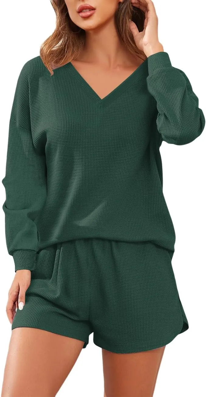 Womens Waffle Knit Pajama Sets Long Sleeve 2 Piece Outfits Lounge Set Oversized Sweatsuits Shorts Loungewear