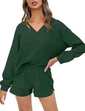 Womens Waffle Knit Pajama Sets Long Sleeve 2 Piece Outfits Lounge Set Oversized Sweatsuits Shorts Loungewear