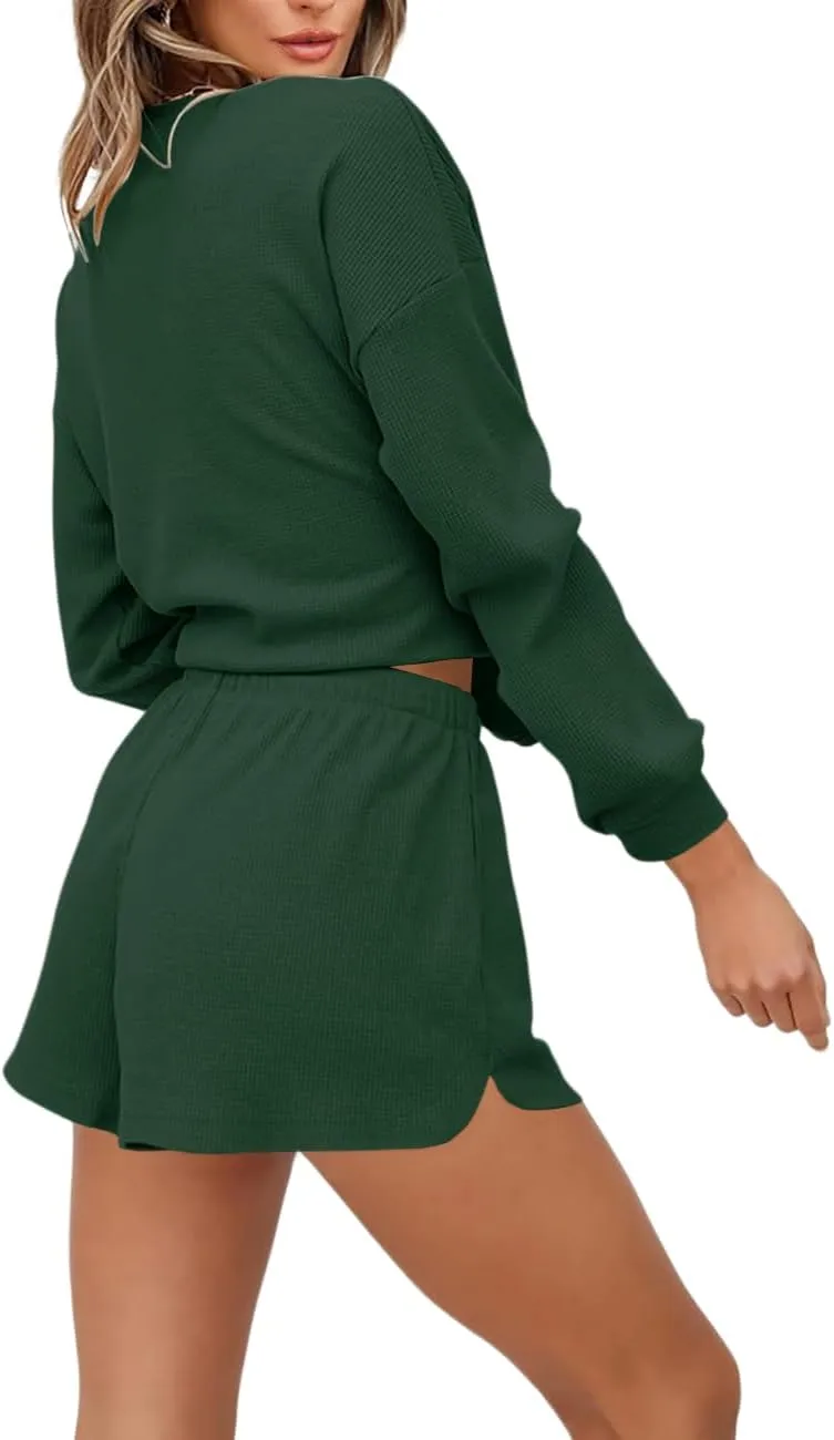Womens Waffle Knit Pajama Sets Long Sleeve 2 Piece Outfits Lounge Set Oversized Sweatsuits Shorts Loungewear