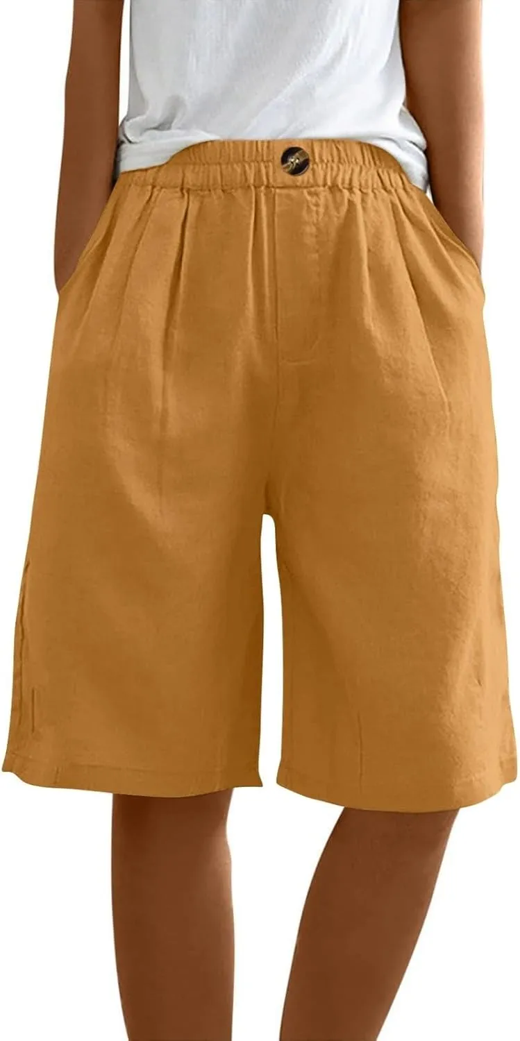 Womens Wide Leg Cotton Linen Shorts Comfy Bermuda Shorts Summer Casual Short Pants Loose Knee Length Shorts