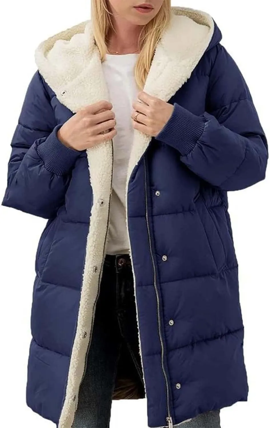 Womens Winter Coat Jacket Fleece Lined Long Sleeve Outwear Full Zipper Solid Coat Winter Warm Down Jacket with