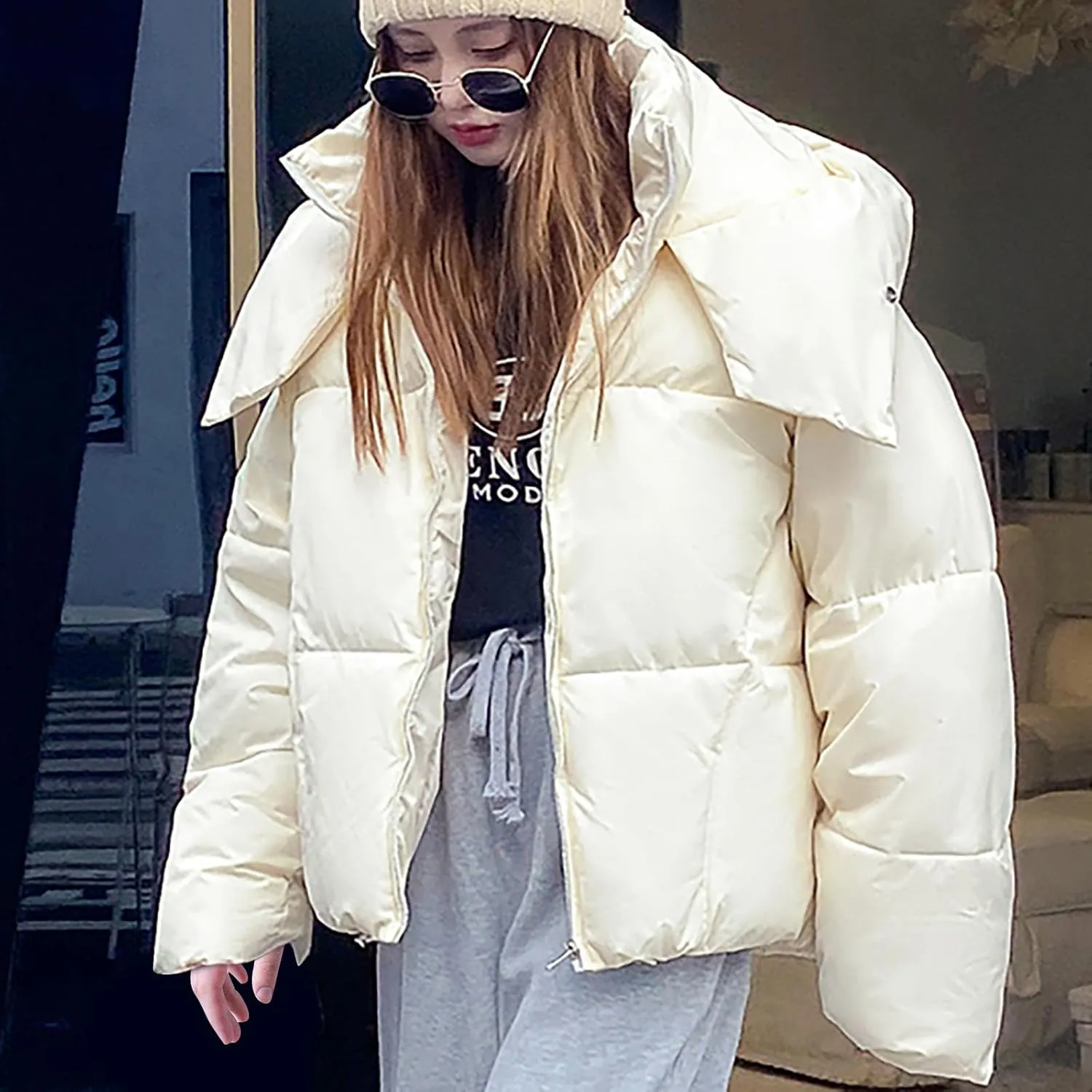 Women's Winter Coat Long Sleeve Cropped Puffer Jacket Baggy Quilted Jacket Padded Short Down Coats Parka With Pocket