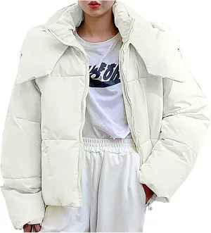 Women's Winter Coat Long Sleeve Cropped Puffer Jacket Baggy Quilted Jacket Padded Short Down Coats Parka With Pocket