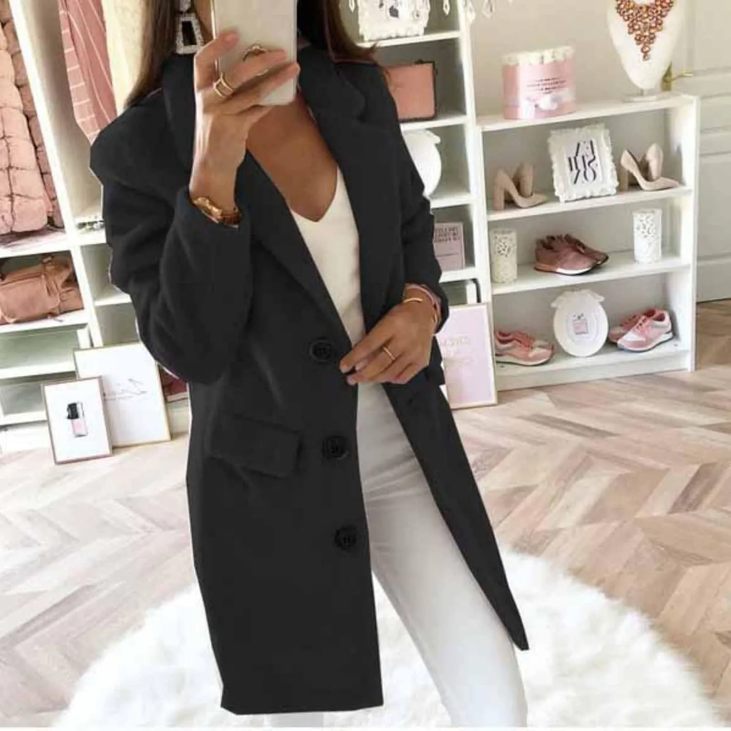 Women's Winter Wool Coat Jackets Elegant Notched Collar Double Breasted Over Coat Midi Peacoat Trench Coats Outwear