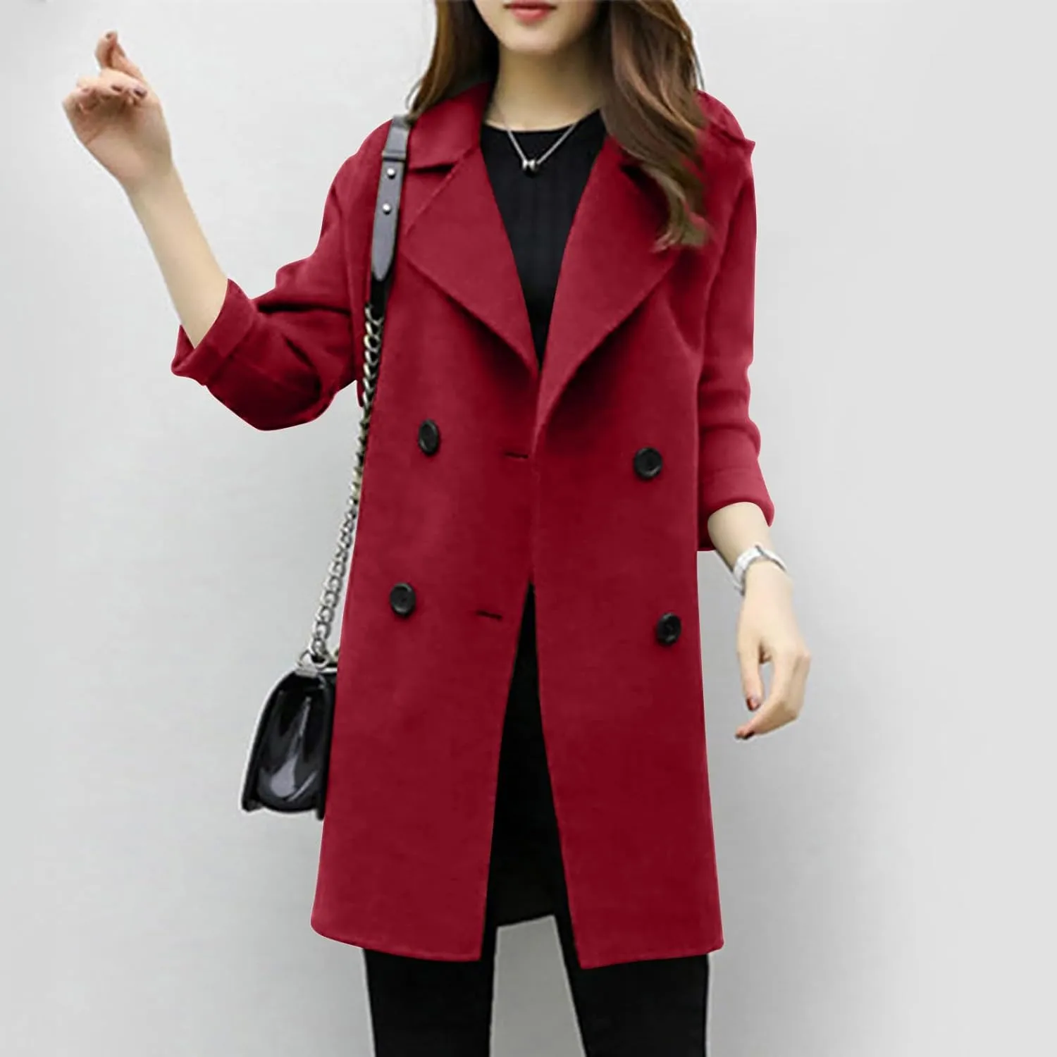 Womens Wool Blend Pea Coat Winter Elegant Notched Collar Double Breasted Overcoat Side Split Long Trench Coat