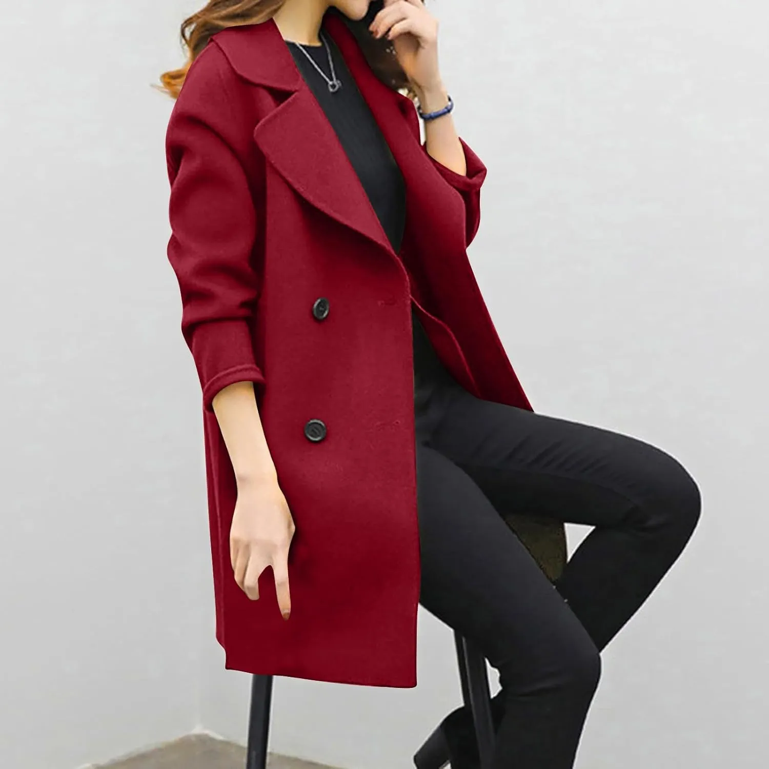 Womens Wool Blend Pea Coat Winter Elegant Notched Collar Double Breasted Overcoat Side Split Long Trench Coat