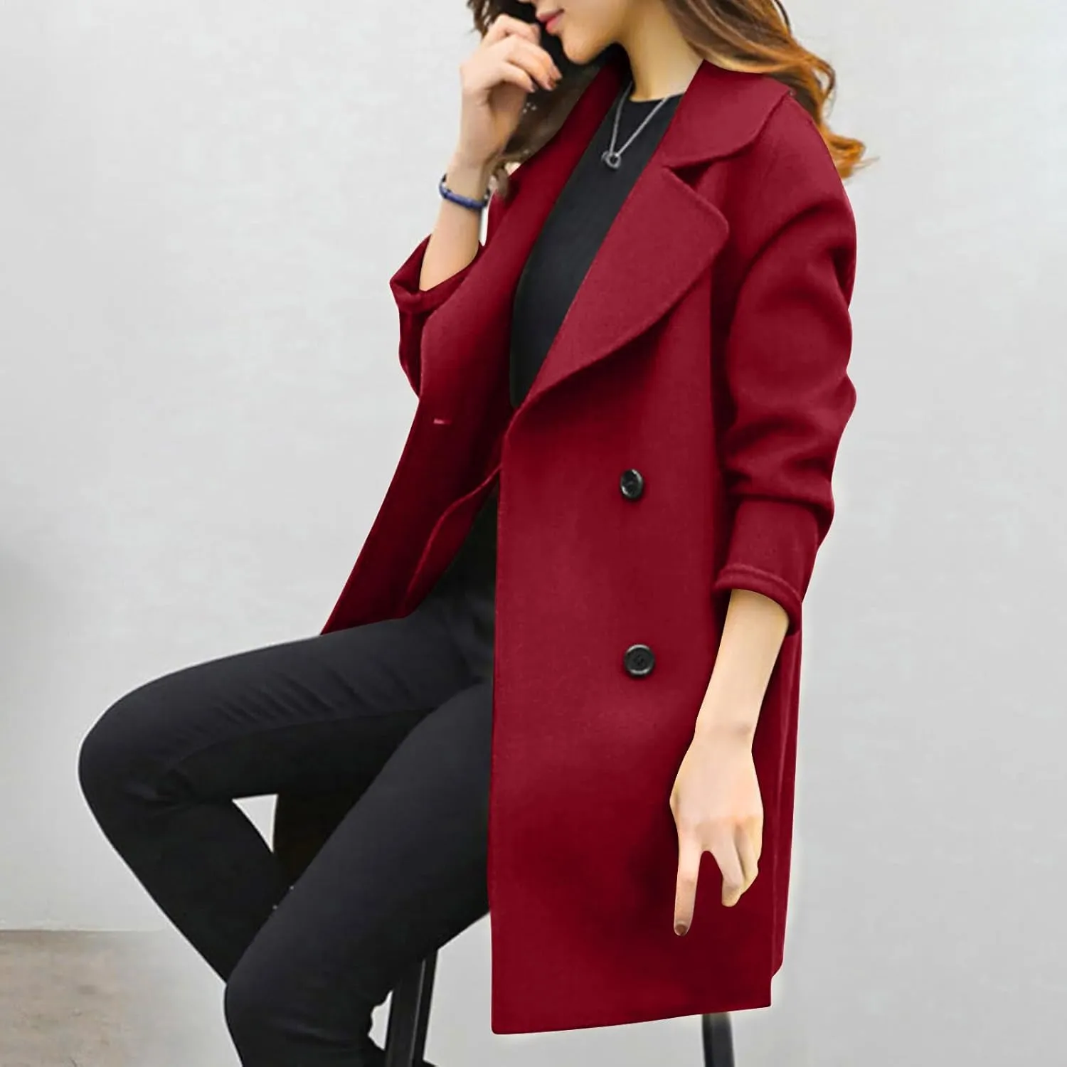 Womens Wool Blend Pea Coat Winter Elegant Notched Collar Double Breasted Overcoat Side Split Long Trench Coat