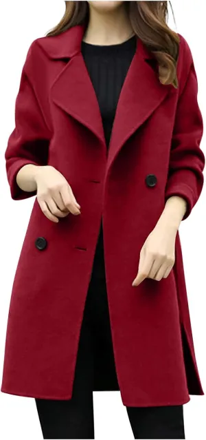 Womens Wool Blend Pea Coat Winter Elegant Notched Collar Double Breasted Overcoat Side Split Long Trench Coat