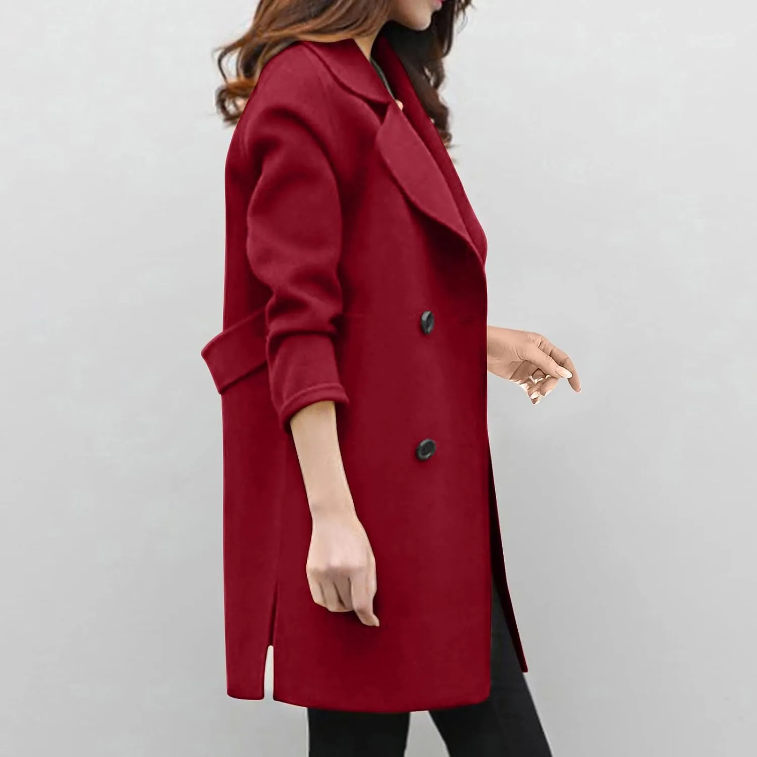 Womens Wool Blend Pea Coat Winter Elegant Notched Collar Double Breasted Overcoat Side Split Long Trench Coat