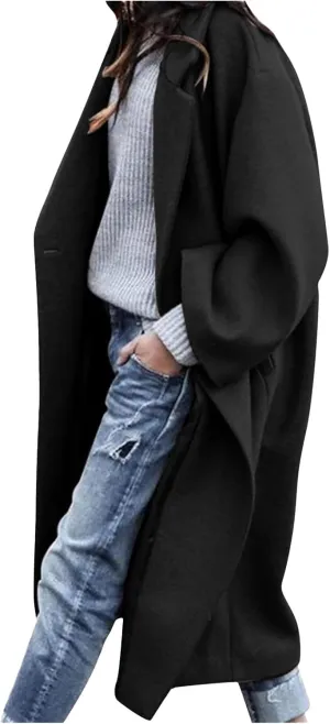 Womens Wool Blend Winter Jackets One Button Notched Lapel Open Front Cardigan Overcoat Peacoat Long Trench Coat Outwear