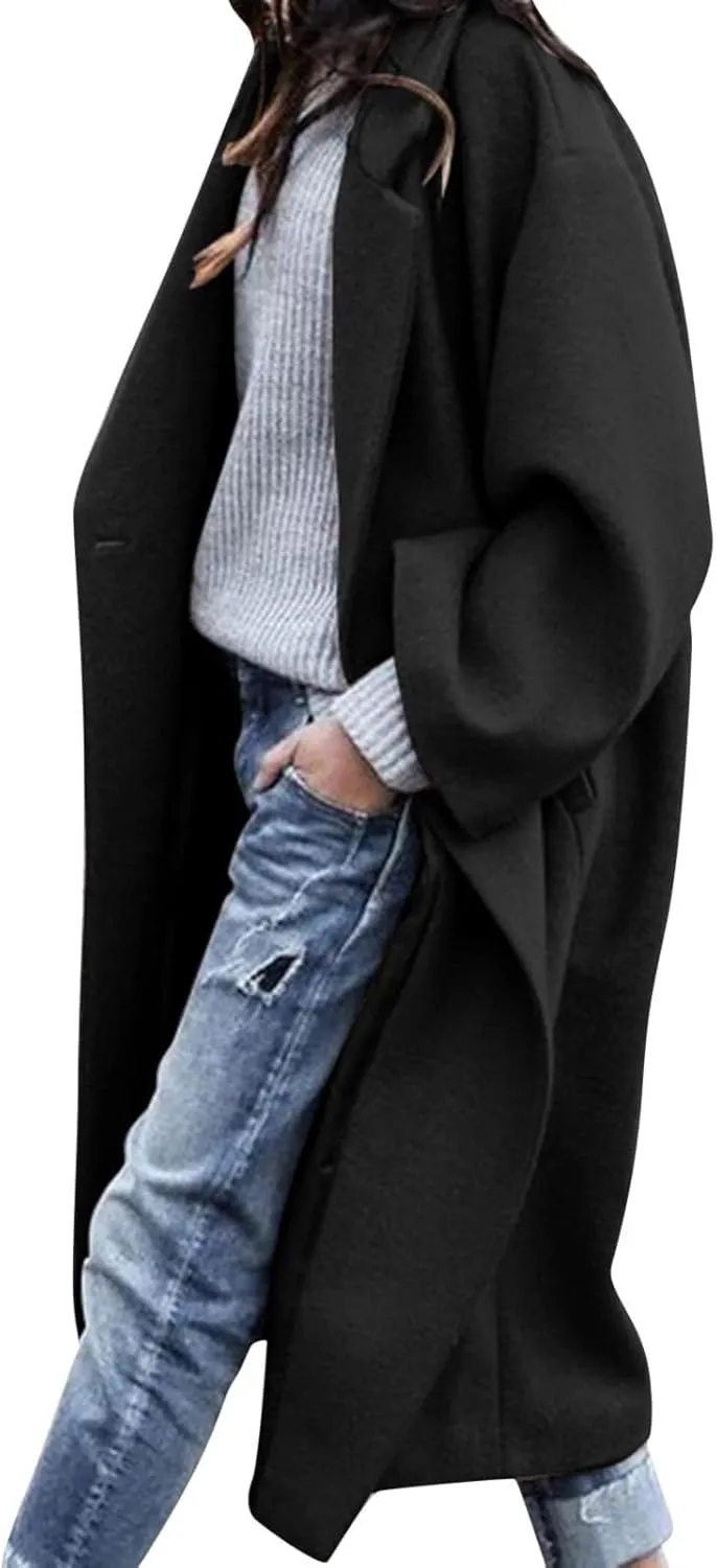 Womens Wool Blend Winter Jackets One Button Notched Lapel Open Front Cardigan Overcoat Peacoat Long Trench Coat Outwear