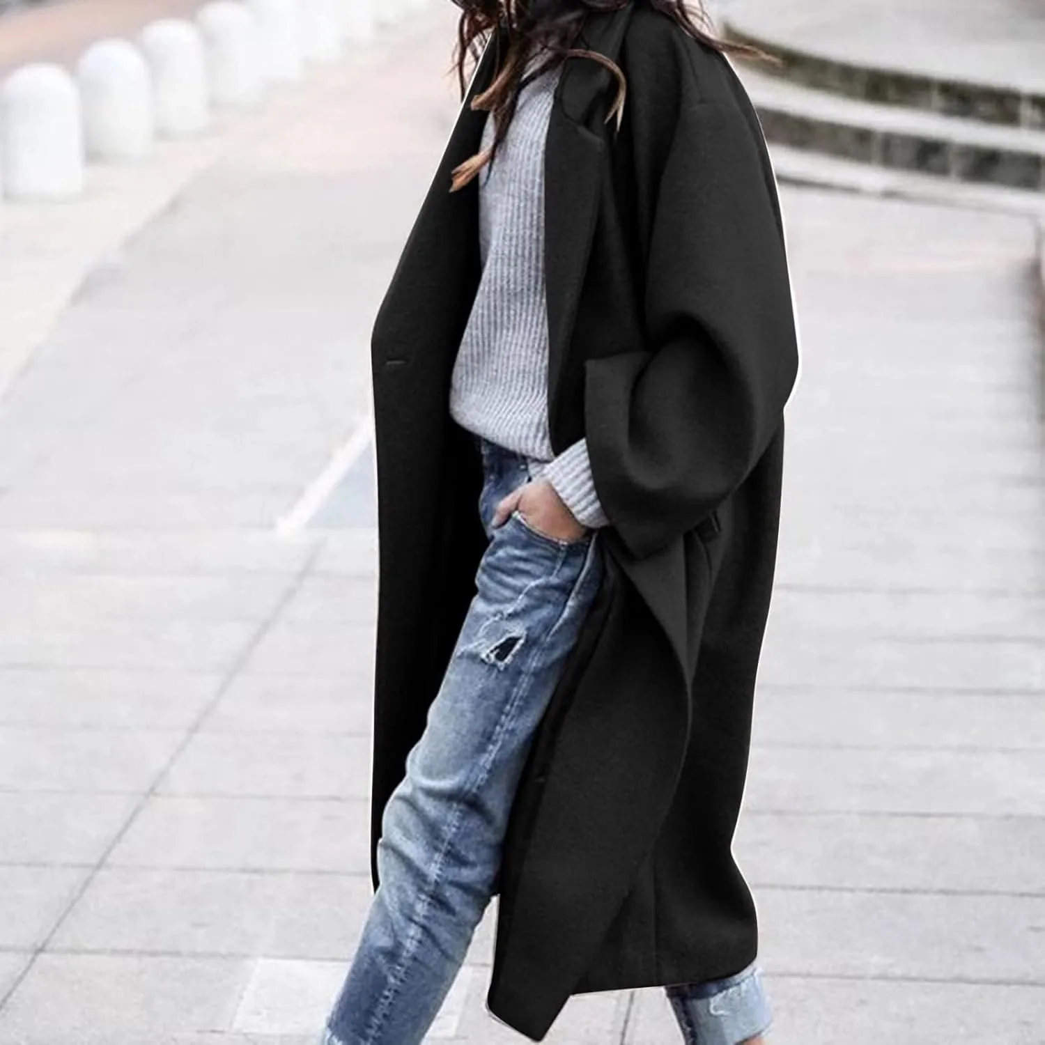 Womens Wool Blend Winter Jackets One Button Notched Lapel Open Front Cardigan Overcoat Peacoat Long Trench Coat Outwear