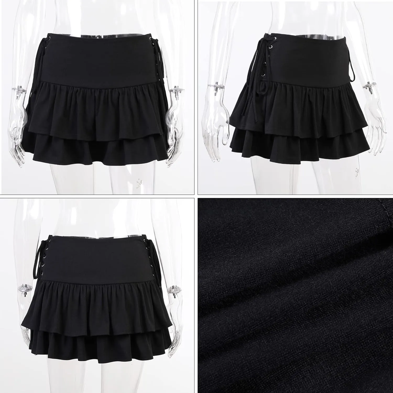 Womens Y2k A Line Mini Skirt Ruffle Tiered Skirt Sexy Lace-Up Short Girls Casual Black Skirts