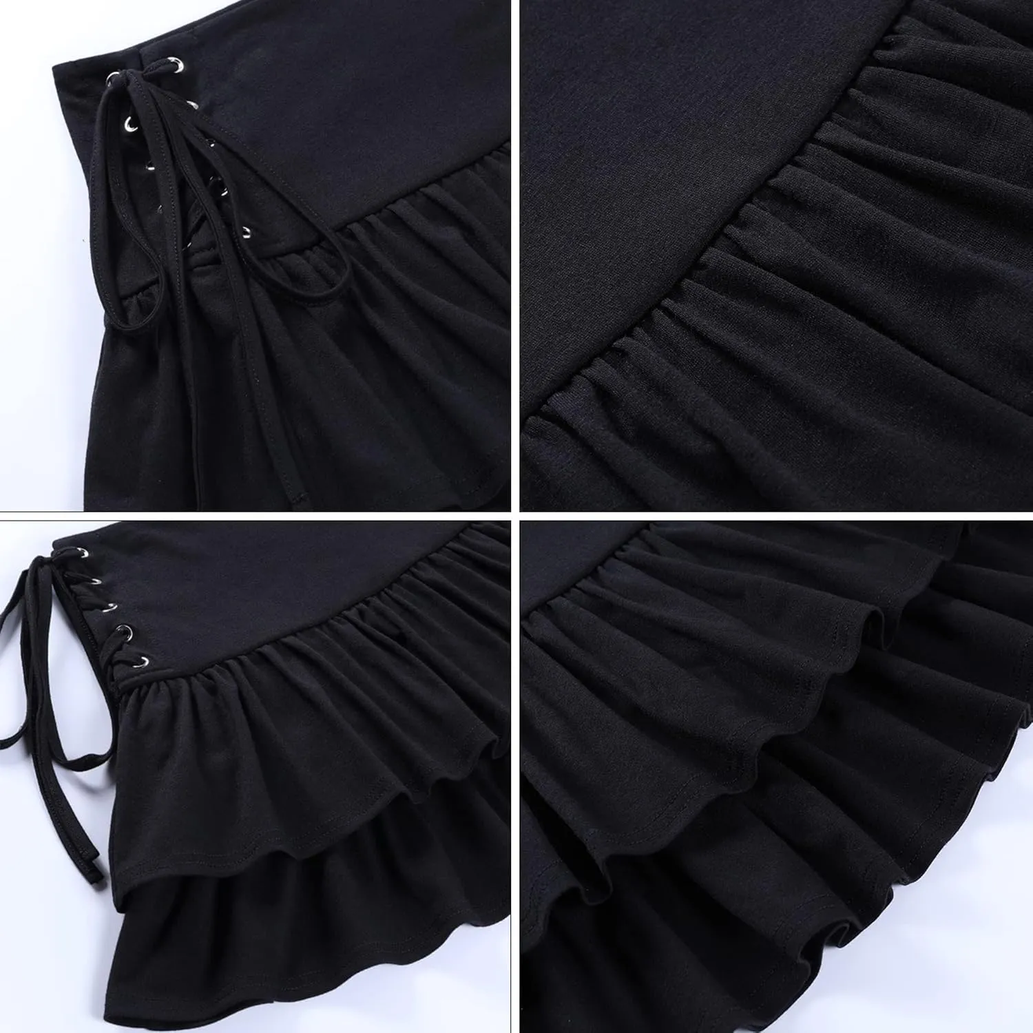 Womens Y2k A Line Mini Skirt Ruffle Tiered Skirt Sexy Lace-Up Short Girls Casual Black Skirts