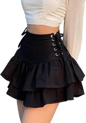 Womens Y2k A Line Mini Skirt Ruffle Tiered Skirt Sexy Lace-Up Short Girls Casual Black Skirts