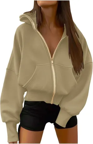 Womens Zip Up Hoodies Oversized Crop Sweatshirt Casual Fleece Hooded Jacket Fall Fashion 2024 Trendy Winter Clothes