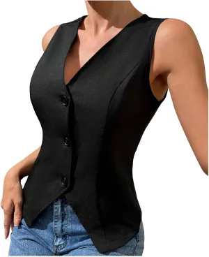 Xiaojmake Womens Casual Button Down Vest Fully Lined V Neck Business Jacket Sleeveless Slim Tailored Waistcoat Casual Blazer