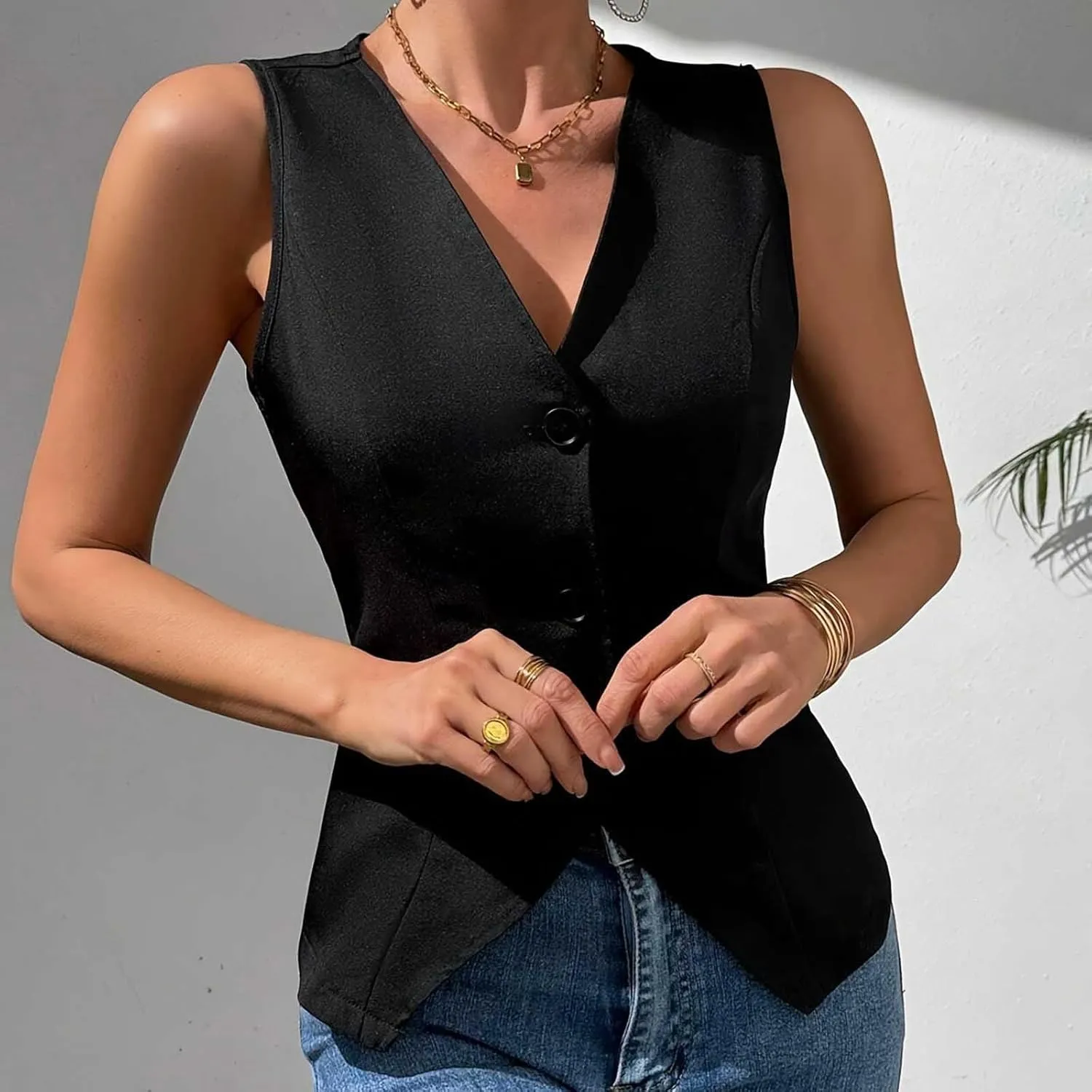 Xiaojmake Womens Casual Button Down Vest Fully Lined V Neck Business Jacket Sleeveless Slim Tailored Waistcoat Casual Blazer