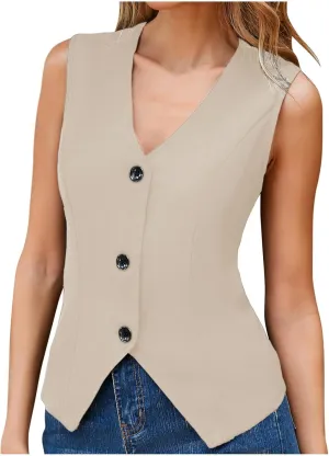 Xiaojmake Womens Casual Button Down Vest Fully Lined V Neck Business Jacket Sleeveless Slim Tailored Waistcoat Casual Blazer