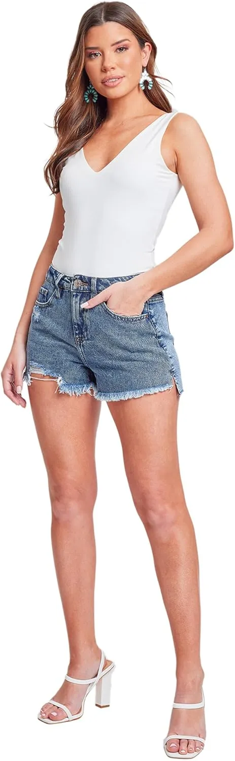 YMI Women's Dream High Rise Shorts with Frayed Hem