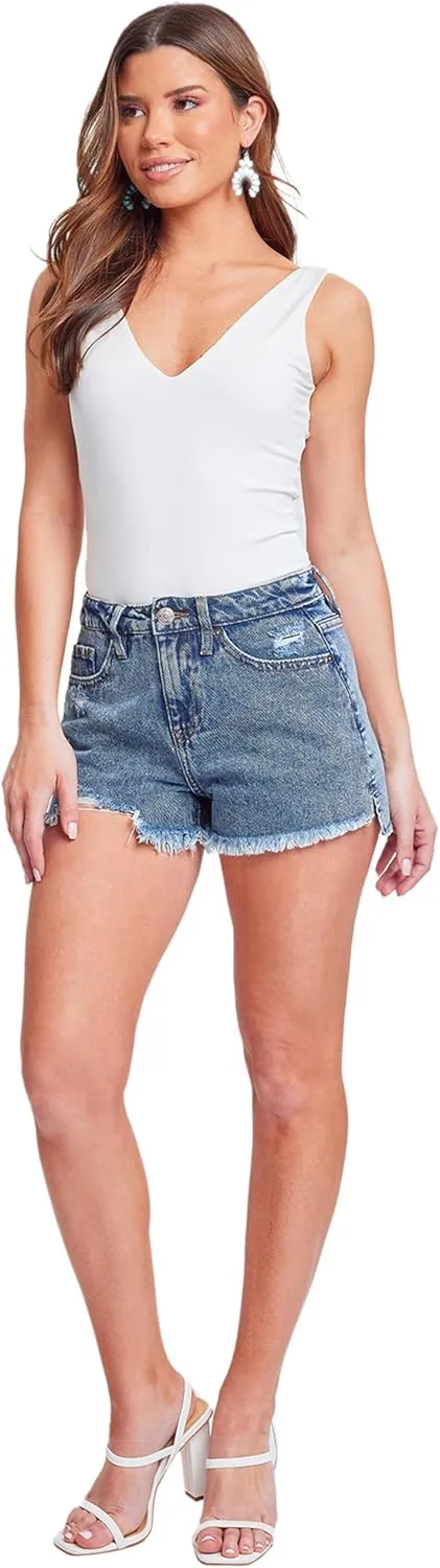 YMI Women's Dream High Rise Shorts with Frayed Hem