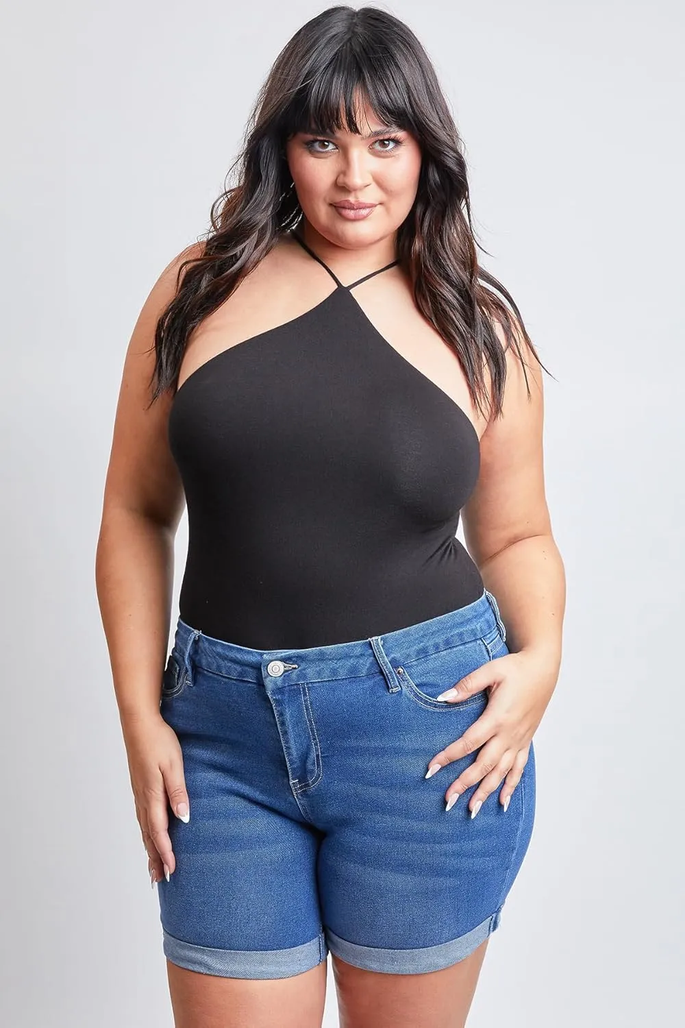 YMI Women's Plus Size Curvy Fit High Rise Shorts with Rolled Cuffs