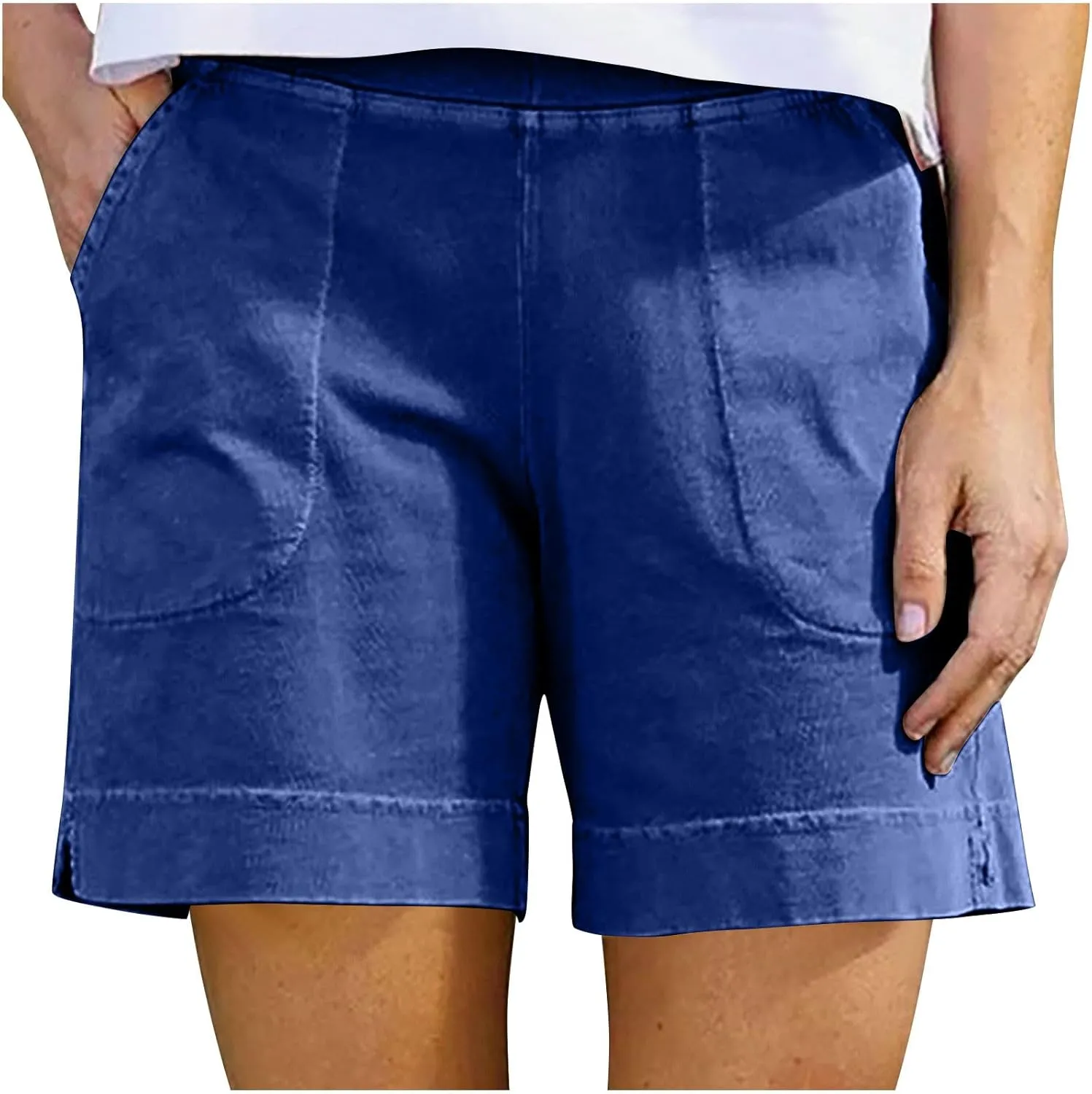 YRAETENM Linen Shorts Women Casual Cotton Bermuda Shorts Summer Elastic Waisted Short Vacation Beach Outfits with Pockets