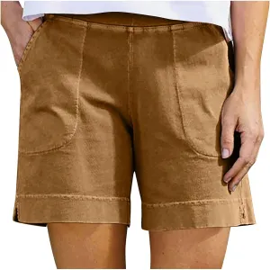 YRAETENM Linen Shorts Women Casual Cotton Bermuda Shorts Summer Elastic Waisted Short Vacation Beach Outfits with Pockets