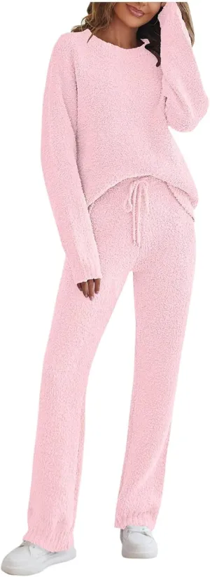 YRAETENM Lounge Sets for Women Fuzzy Fleece Long Sleeve 2 Piece Loungewear Outfits Sweater Pants Soft Lightweight Pajama Sets