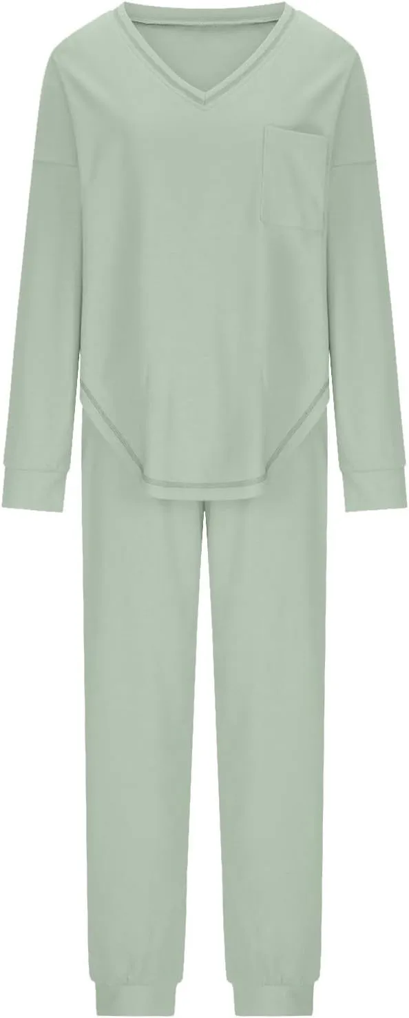 YRAETENM Waffle Knit Lounge Sets for Women Soft Comfy Loungewear Casual Long Sleeve Pullover Top Jogger Pants with Pockets