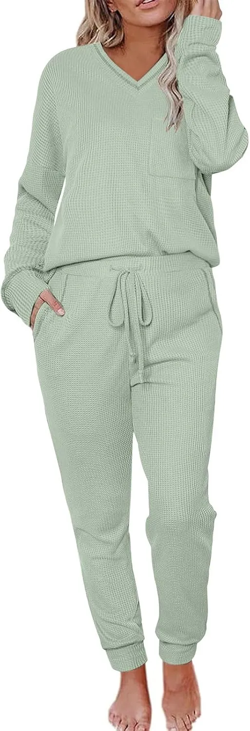 YRAETENM Waffle Knit Lounge Sets for Women Soft Comfy Loungewear Casual Long Sleeve Pullover Top Jogger Pants with Pockets