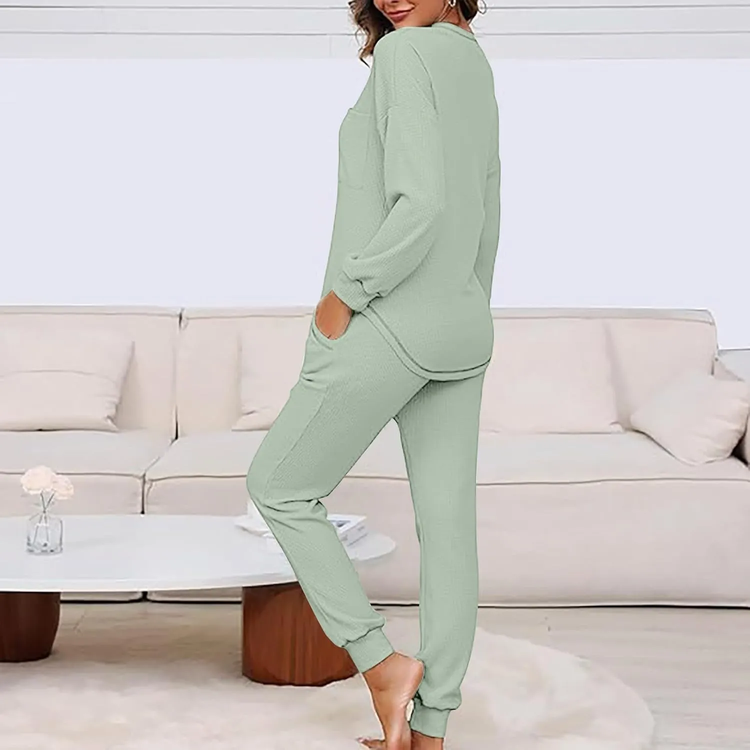 YRAETENM Waffle Knit Lounge Sets for Women Soft Comfy Loungewear Casual Long Sleeve Pullover Top Jogger Pants with Pockets