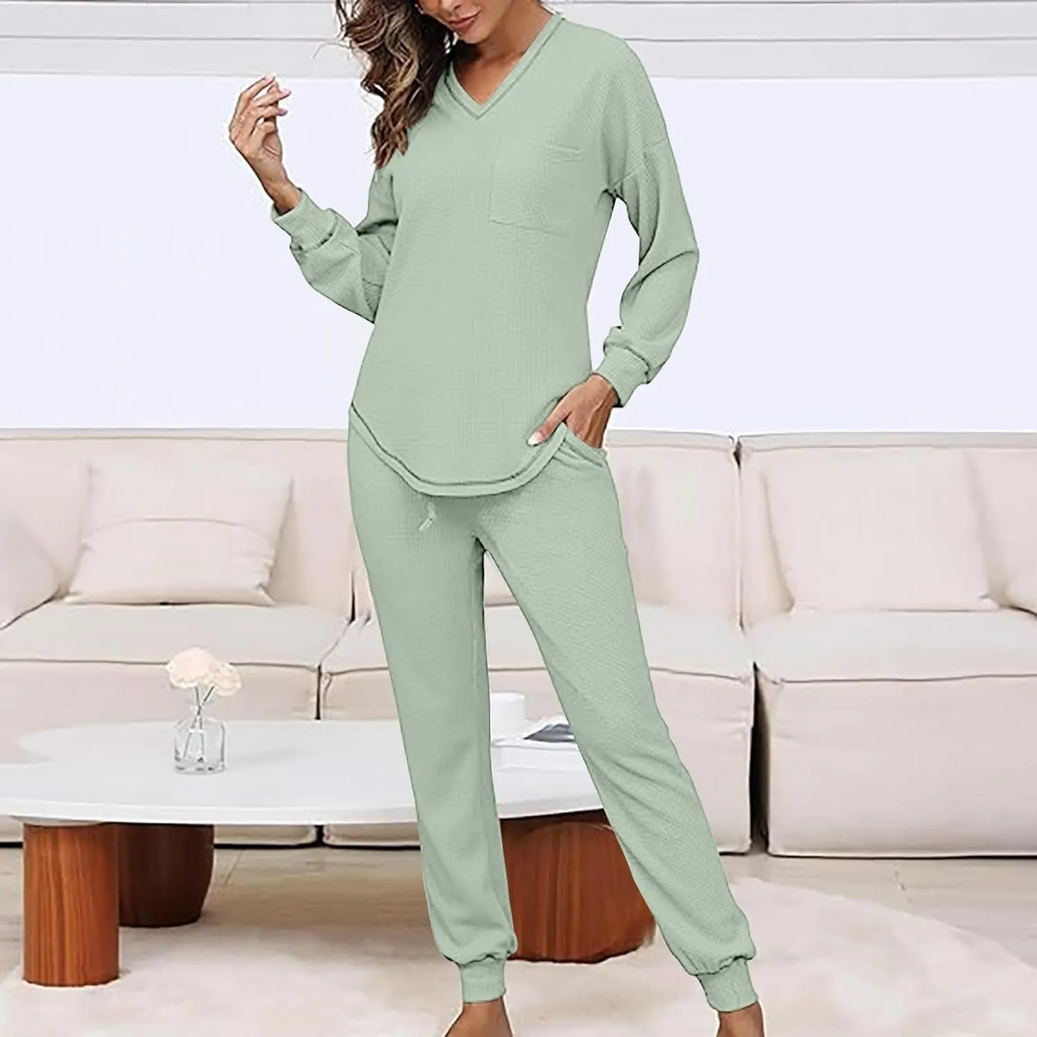 YRAETENM Waffle Knit Lounge Sets for Women Soft Comfy Loungewear Casual Long Sleeve Pullover Top Jogger Pants with Pockets