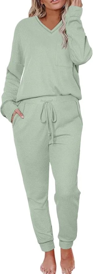 YRAETENM Waffle Knit Lounge Sets for Women Soft Comfy Loungewear Casual Long Sleeve Pullover Top Jogger Pants with Pockets