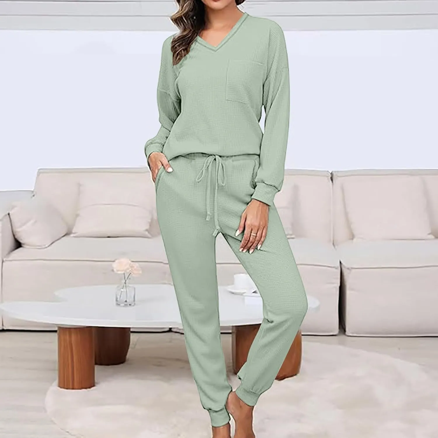 YRAETENM Waffle Knit Lounge Sets for Women Soft Comfy Loungewear Casual Long Sleeve Pullover Top Jogger Pants with Pockets
