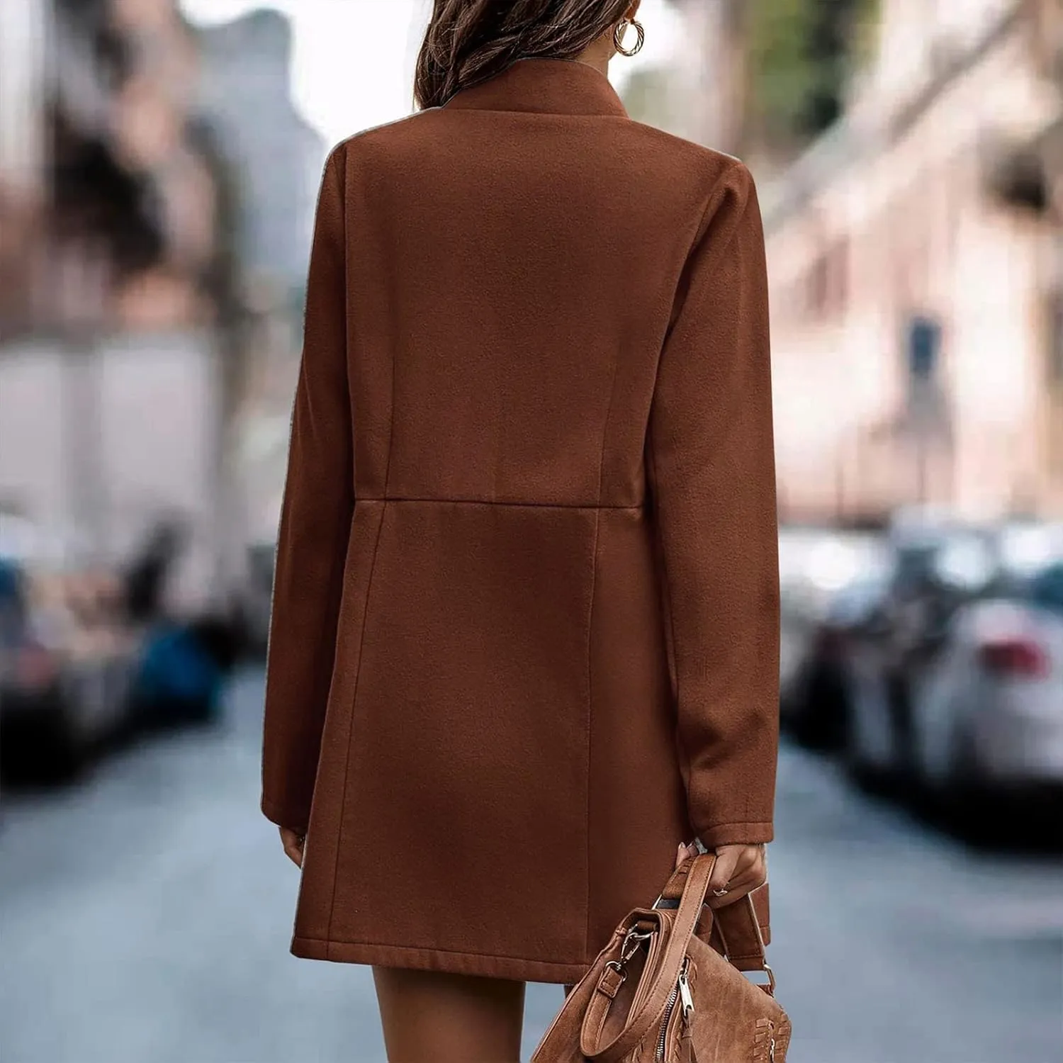 YRAETENM Women Winter Wool Jacket Fall Tailored Open Front Blazer Pea Coat Work Office Woolen Mid Long Cardigan Trench Coat