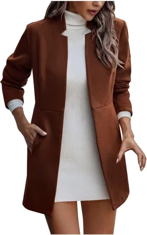 YRAETENM Women Winter Wool Jacket Fall Tailored Open Front Blazer Pea Coat Work Office Woolen Mid Long Cardigan Trench Coat