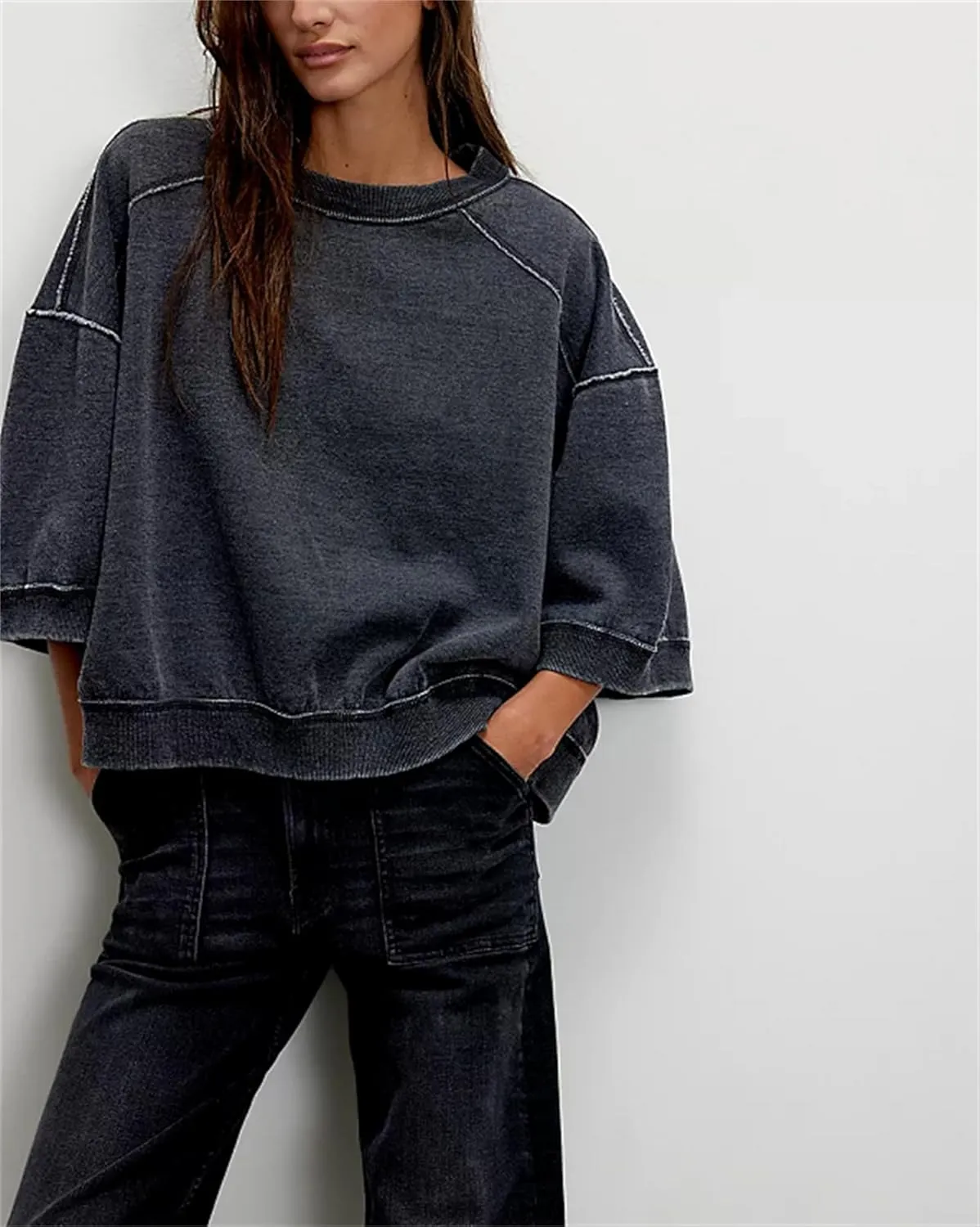 Yuemengxuan Women 3/4 Sleeve Oversized Shirt Crewneck Color Block Pullover Sweatshirt Loose Boho Summer T-Shirt Streetwear