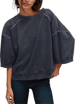 Yuemengxuan Women 3/4 Sleeve Oversized Shirt Crewneck Color Block Pullover Sweatshirt Loose Boho Summer T-Shirt Streetwear