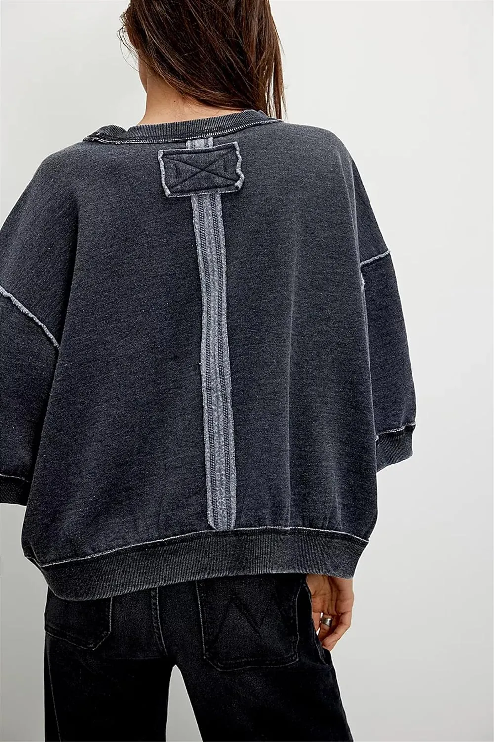 Yuemengxuan Women 3/4 Sleeve Oversized Shirt Crewneck Color Block Pullover Sweatshirt Loose Boho Summer T-Shirt Streetwear