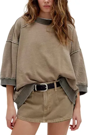 Yuemengxuan Women 3/4 Sleeve Oversized Shirt Crewneck Color Block Pullover Sweatshirt Loose Boho Summer T-Shirt Streetwear