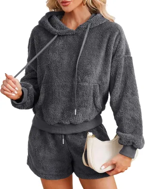 ZAFUL Women's Fuzzy Fleece Hoodie Loungewear Pajamas Shorts Sets 2 Piece Fluffy Sweatsuit Set Casual Outfits